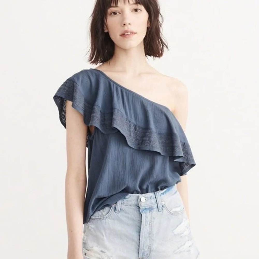 Abercrombie & Fitch Top Small One Shoulder Blue Embroidered Ruffle Blouse Womens